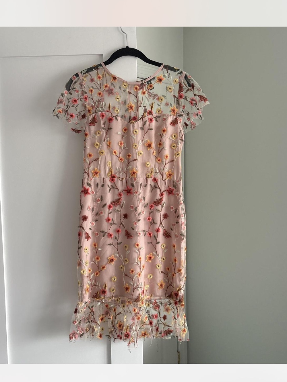 Aqua Delicate Pink Floral and butterfly Embroidered Dress